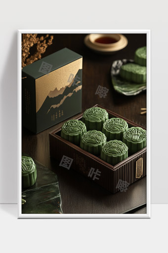 中国传统绿茶味月饼礼盒中秋佳节美食