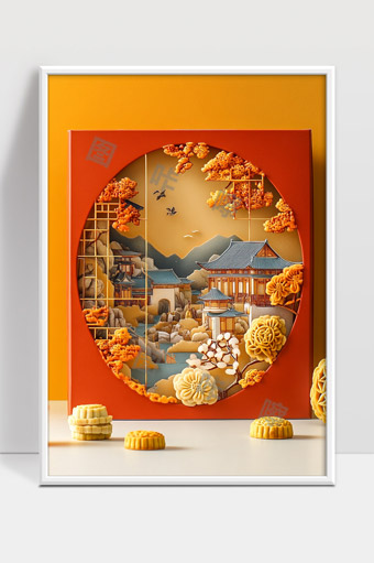 中秋佳节传统月饼与古风庭院景致艺术装饰