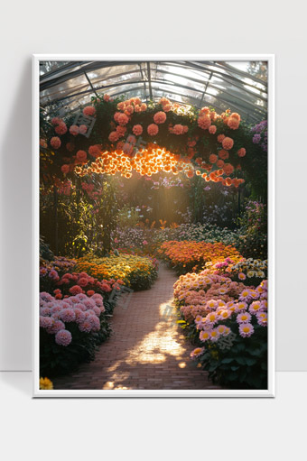 温室花园中阳光照耀下的美丽花卉长廊