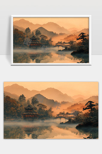 江南水乡晨雾中的古典桥亭和远山景色