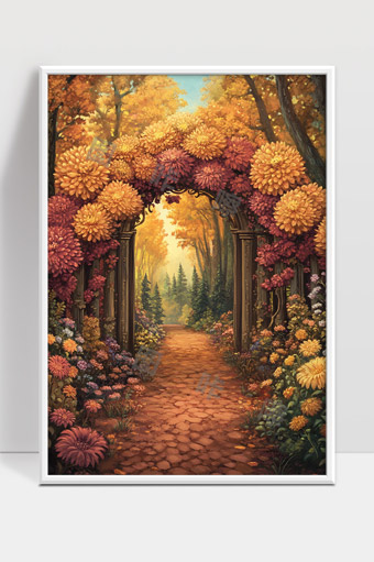 秋日花园中的梦幻花拱门通向宁静小径