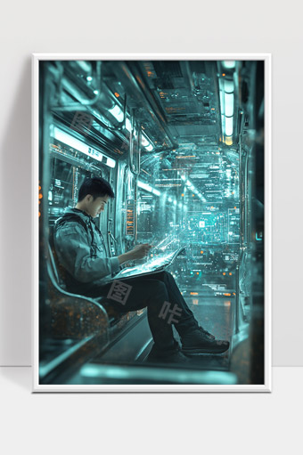 未来科技感地铁中的青年沉浸式数字界面操作场景