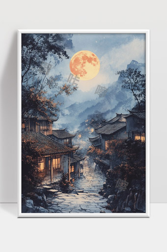 宁静古镇明月如灯山水夜色诗意