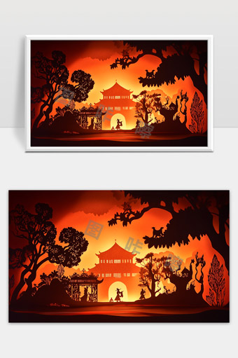 东方古风剪影夕阳下的山水亭台和人物故事