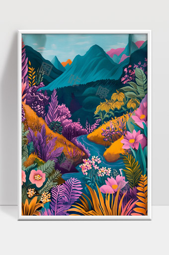 梦幻色彩山谷中的花海与溪流自然风光