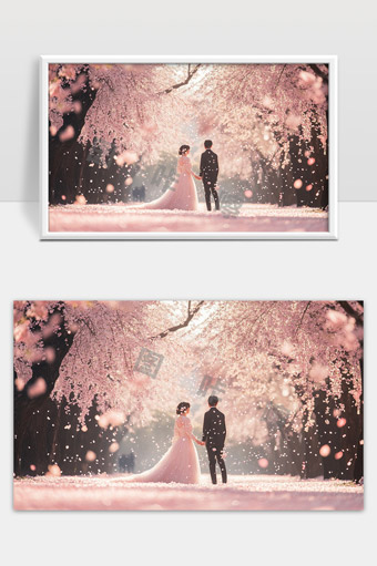 浪漫樱花雨中情侣牵手唯美春日婚纱照