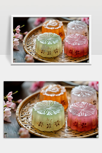 精致花纹彩色中式果冻甜品摆盘艺术摄影