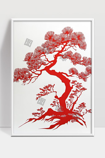 中国风红色松树剪纸艺术简约装饰设计