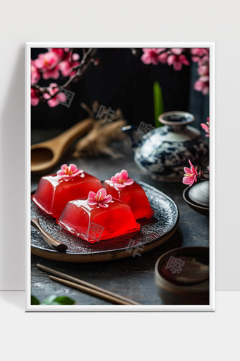 精致桃花甜品红色果冻美食摆盘艺术