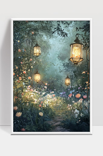 幽静花园中灯笼点亮梦幻森林小径