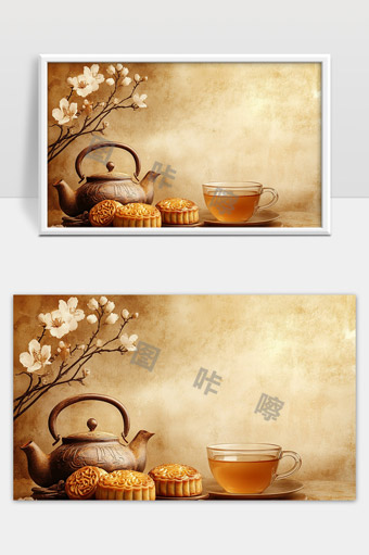 传统中秋茶具月饼与花卉艺术摆设温馨静谧