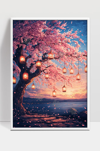 梦幻樱花树下灯笼点亮夕阳湖畔美景