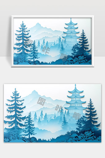 古风水墨山水风景与亭台楼阁意境画