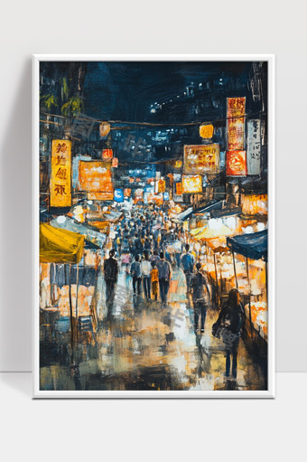 繁华夜市人潮涌动灯火辉煌的城市街头