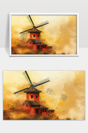 秋日黄昏下的古风风车与田园乡村风光