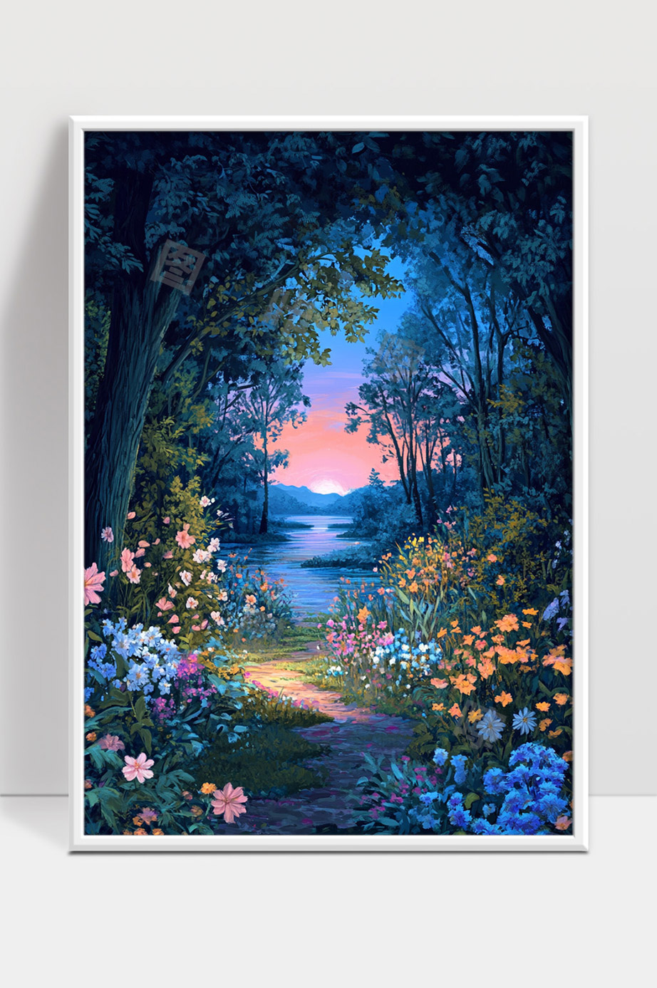 森林小径通向湖边夕阳美景花海静谧自然风光