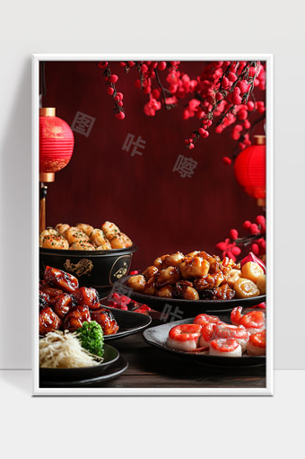 中国传统年夜饭美食喜庆红灯笼春节佳节美味盛宴