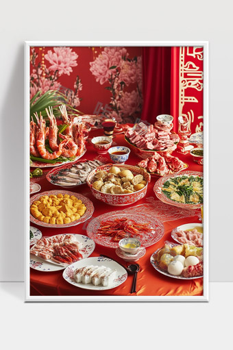 传统年夜饭丰盛海鲜肉类美味佳肴团圆盛宴