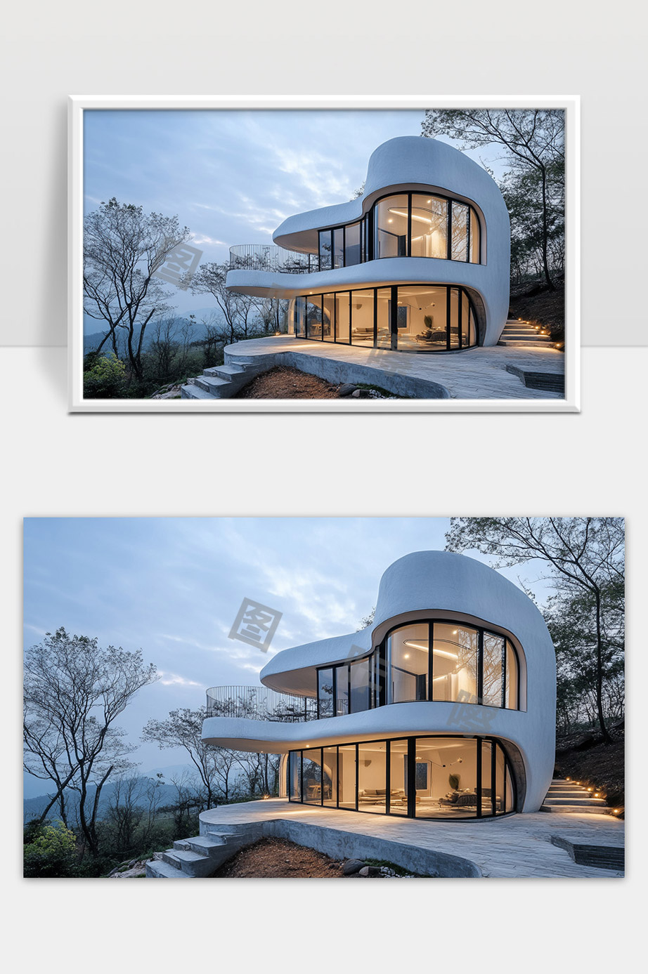 现代曲面玻璃别墅建筑自然景观中的艺术设计