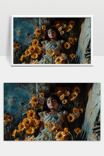 安静午后少女沉睡在向日葵花海中的梦境
