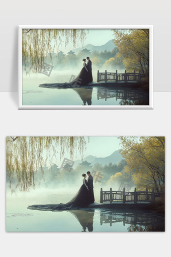 唯美古风湖畔情侣婚纱照浪漫意境摄影作品