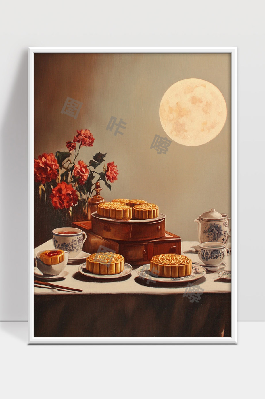 中秋佳节月饼茶具花卉满月团圆时刻