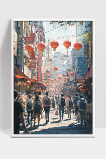 繁华街道红灯笼装饰市井生活人群熙攘景象
