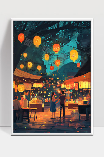 夜晚灯笼点亮古镇人们欢聚赏灯美好时光