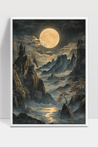 明月映照山水云雾缭绕夜景意境画