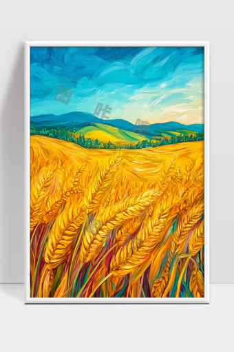 金黄麦田丰收季节蓝天白云自然风光美丽乡村