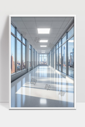 现代办公大楼宽敞明亮的走廊通向城市风景窗外