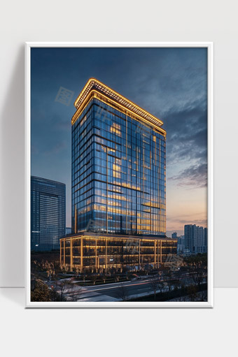 现代都市黄昏时分高楼玻璃建筑夜景照明