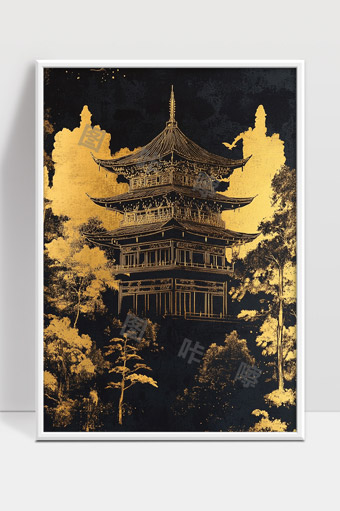 古风金色寺庙建筑与自然山林和谐共融图