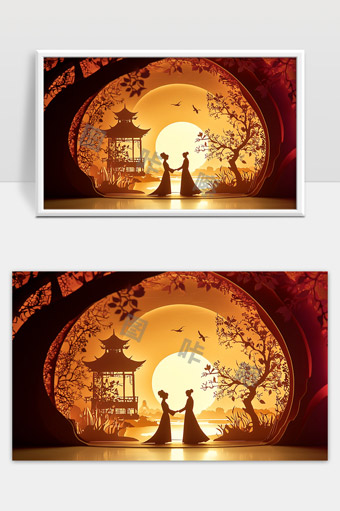 夕阳古风亭台双人相握唯美剪影画面