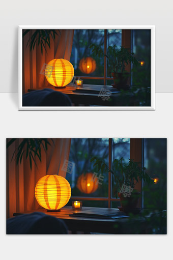 温馨夜晚书桌灯光和植物营造静谧氛围