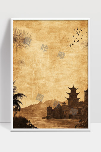 古风复古水墨山水亭台建筑剪影背景图