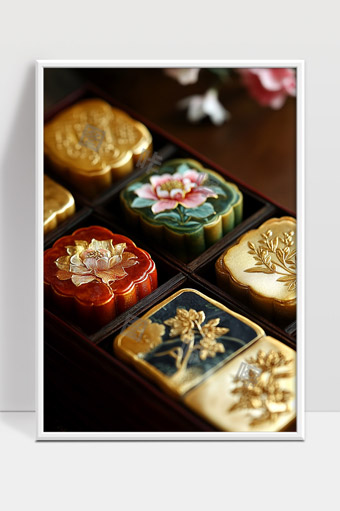 精美雕花中秋月饼礼盒传统糕点艺术品展示