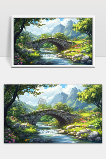 山间溪流石桥绿树花草唯美风光