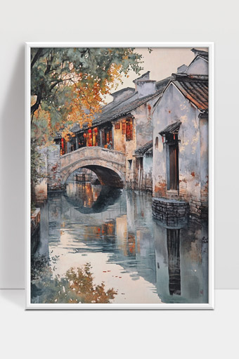 江南古镇水乡秋日夕阳下的古桥和民居风光