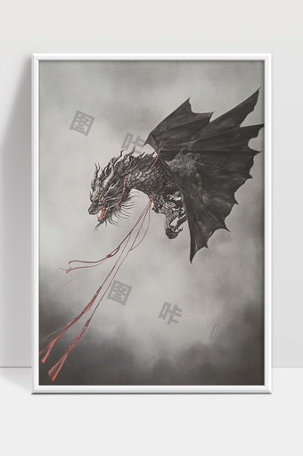 黑翼巨龙展翅翱翔云端气势逼人