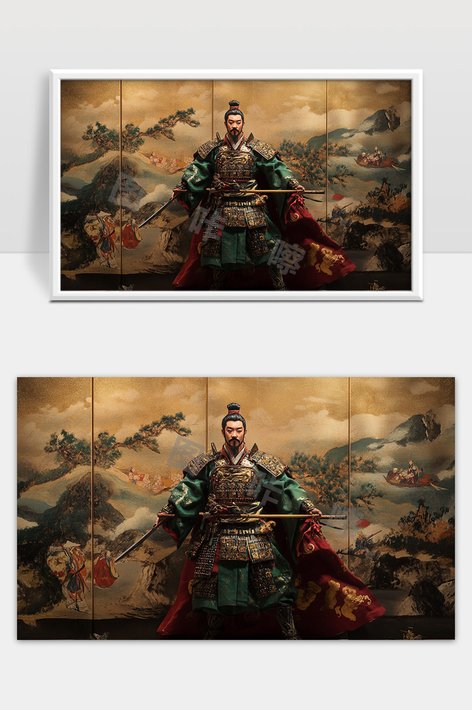 古代武将全副盔甲手持长矛英姿飒爽战场英雄