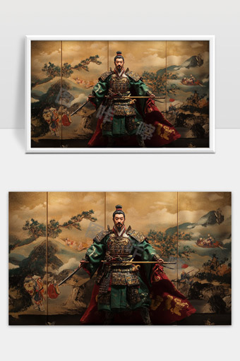 古代武将全副盔甲手持长矛英姿飒爽战场英雄