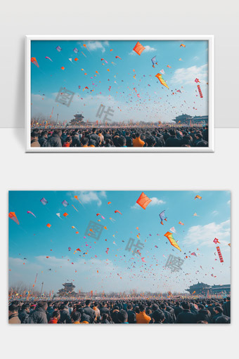 蓝天下五彩风筝飞舞节日盛大聚会场面壮观