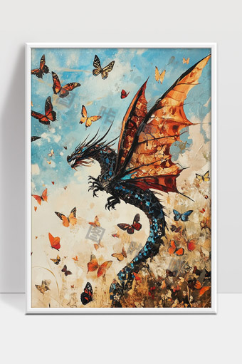 飞翔的龙与五彩斑斓蝴蝶共舞的奇幻天空