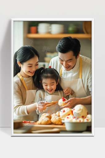 欢乐家庭亲子烘焙时光温馨厨房幸福场景