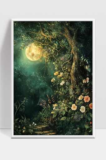 月光下静谧幽深的花园夜景