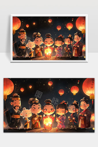 古风儿童元宵节提灯欢庆团圆场景