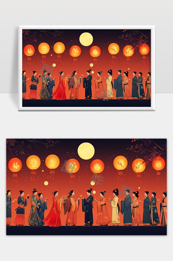 古代佳节灯笼映照下的中秋赏月和人们相聚场景