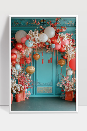 新中式风格喜庆花卉气球拱门装饰布置