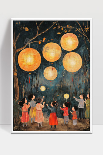 夜晚乡村儿童提灯笼欢庆中秋节场景画